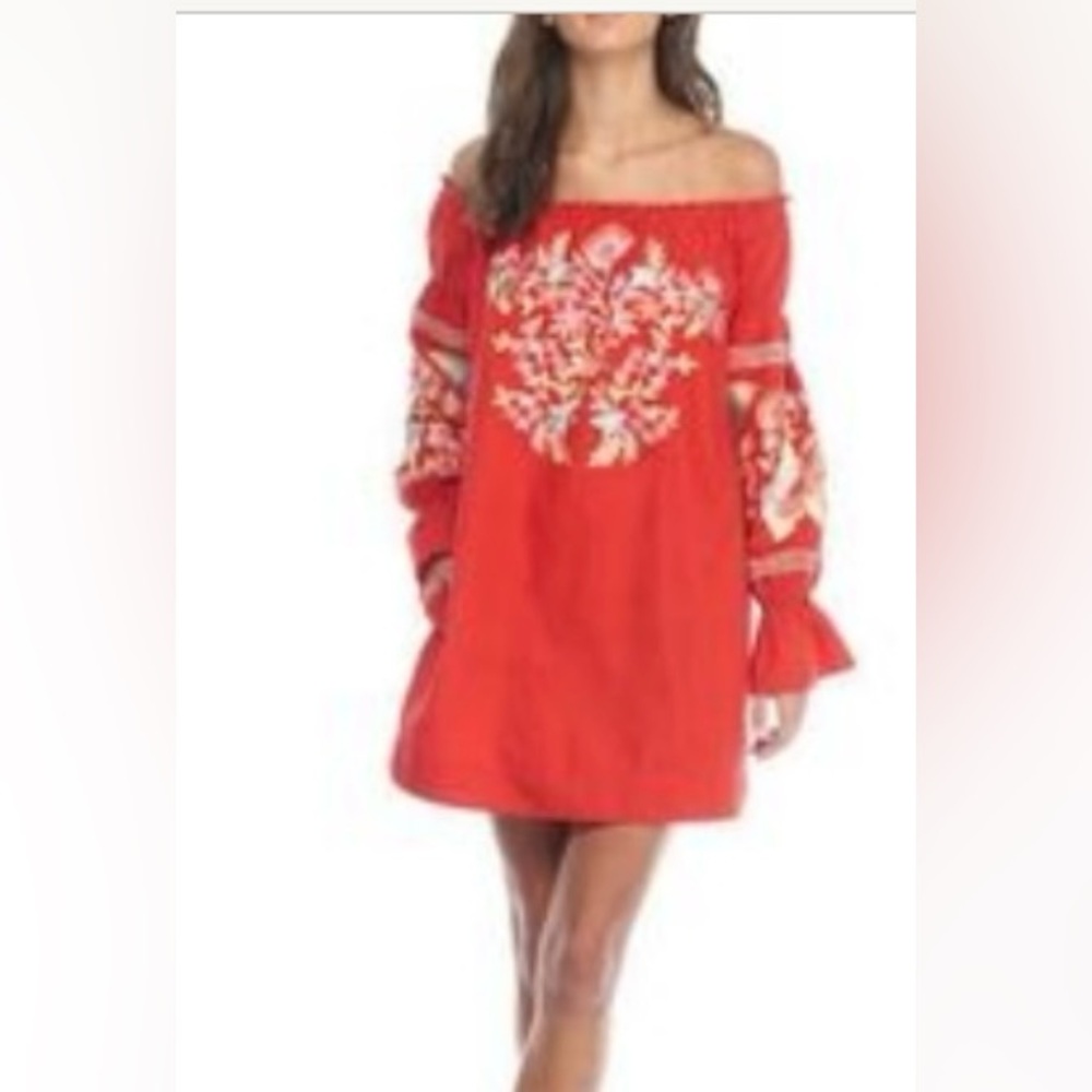 Free‎ People Fleur de Jour Off Shoulder Dress Small Red Floral Embroidered EC